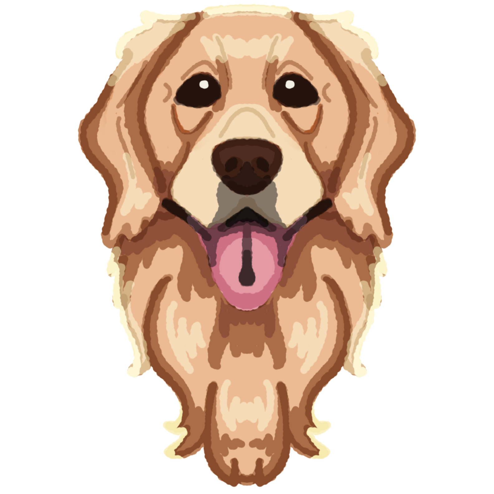  a front facing golden retriever sticks its tongue out. it is symmetrical and tan, with shading and highlights. 